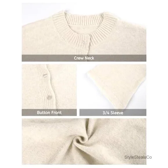 Lightweight Cropped Cardigan, Button Front, 3/4 Sleeve, Soft Knit, Regular Fit - Picture 4 of 7